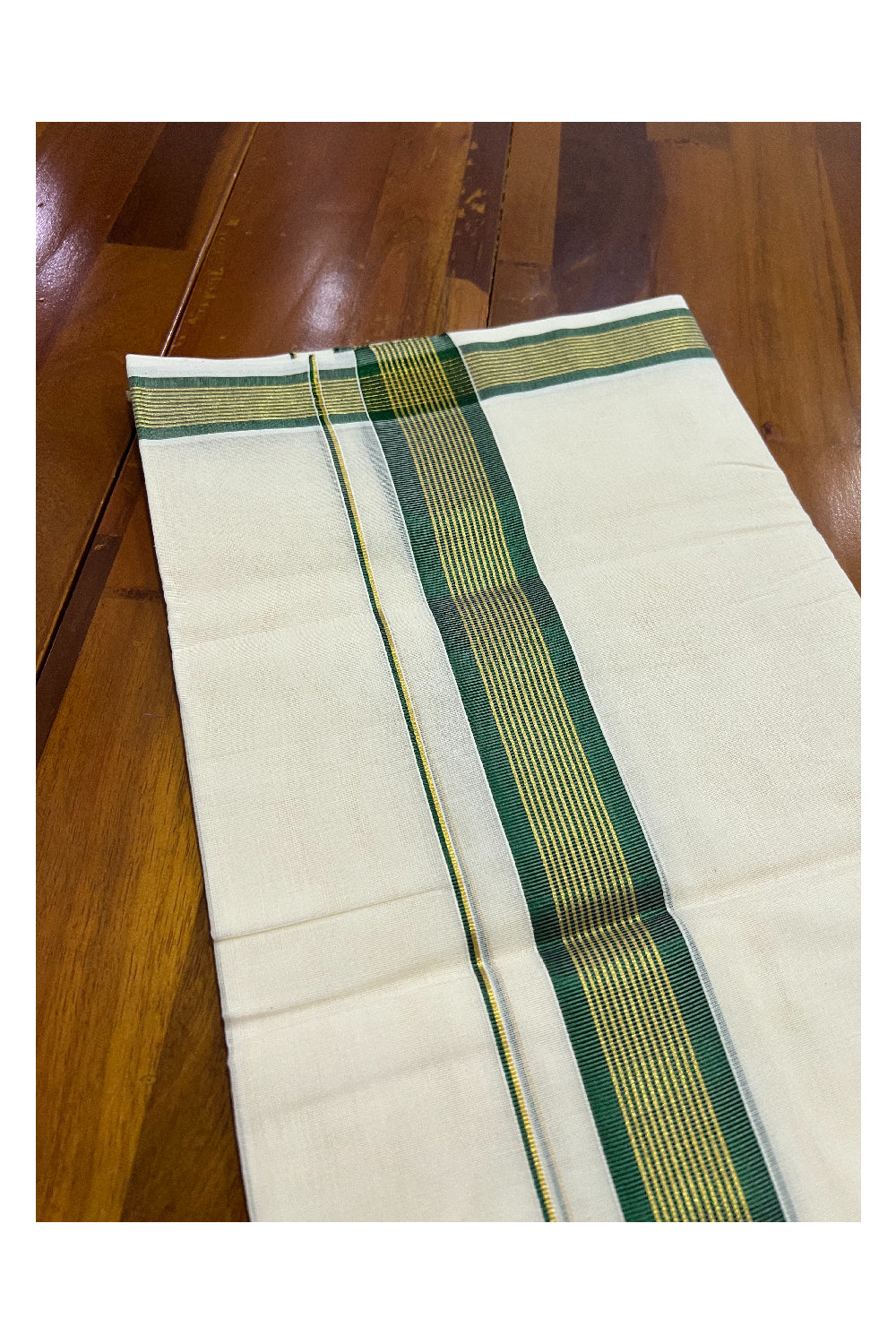 Southloom Balaramapuram Handloom Pure Cotton Mundu with Golden and Green Kasavu Border (South Indian Dhoti)