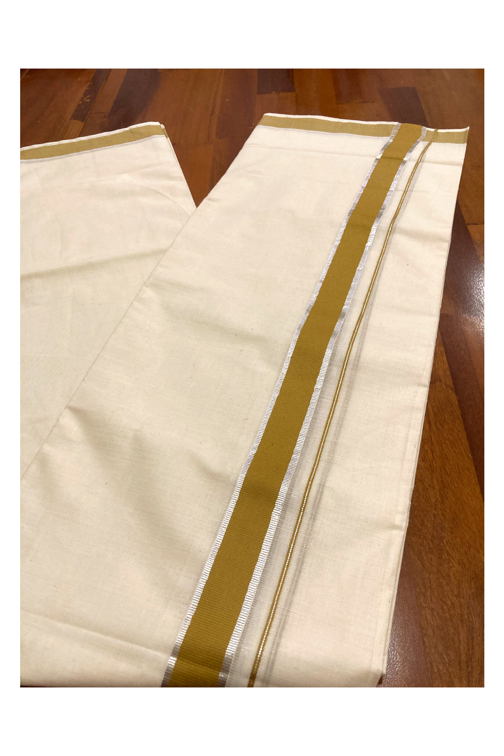 Off White Pure Cotton Double Mundu with Silver Kasavu and Olive Border (South Indian Dhoti)