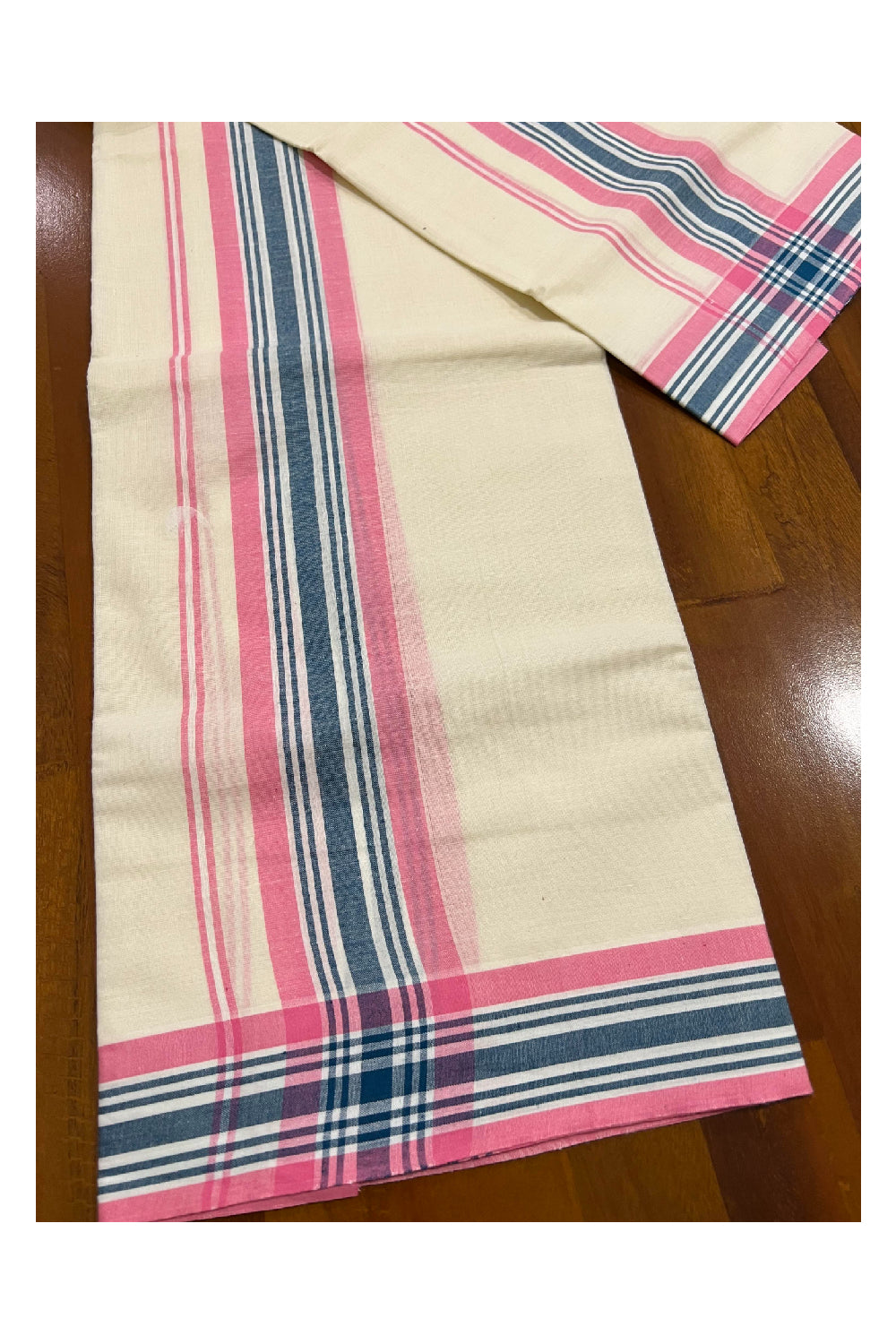 Kerala Cotton Mundum Neriyathum Single (Set Mundu) with Mulloth Design Pink and Blue Border (Extra Soft Cotton)