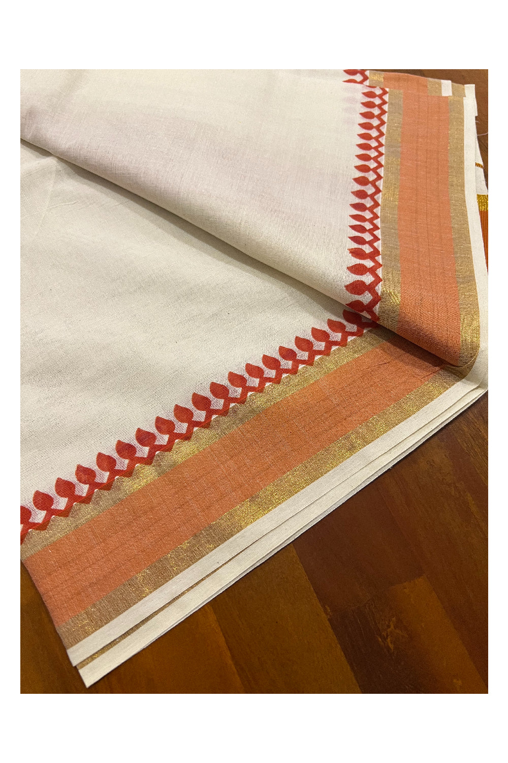 Kerala Cotton Set Mundu (Mundum Neriyathum) with Orange Block Prints and Kasavu Border