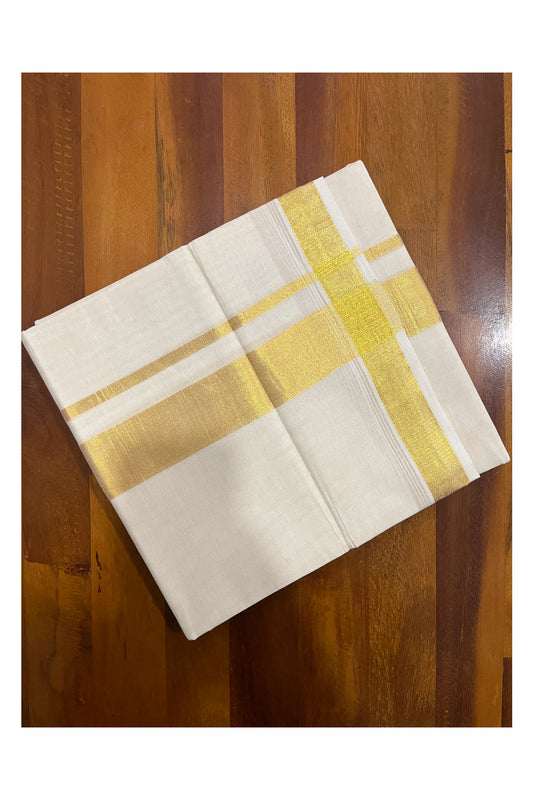 Pure Cotton Off White 100 by 100 Double Mundu with Half Fine 2 inch Kasavu Border (South Indian Dhoti)