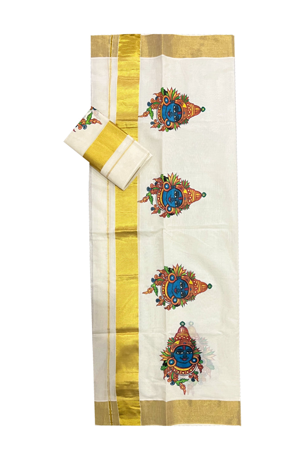 Pure Cotton Kasavu Set Mundu (Mundum Neriyathum) with Lord Krishna Mural Prints on Border 2.80 Mtrs