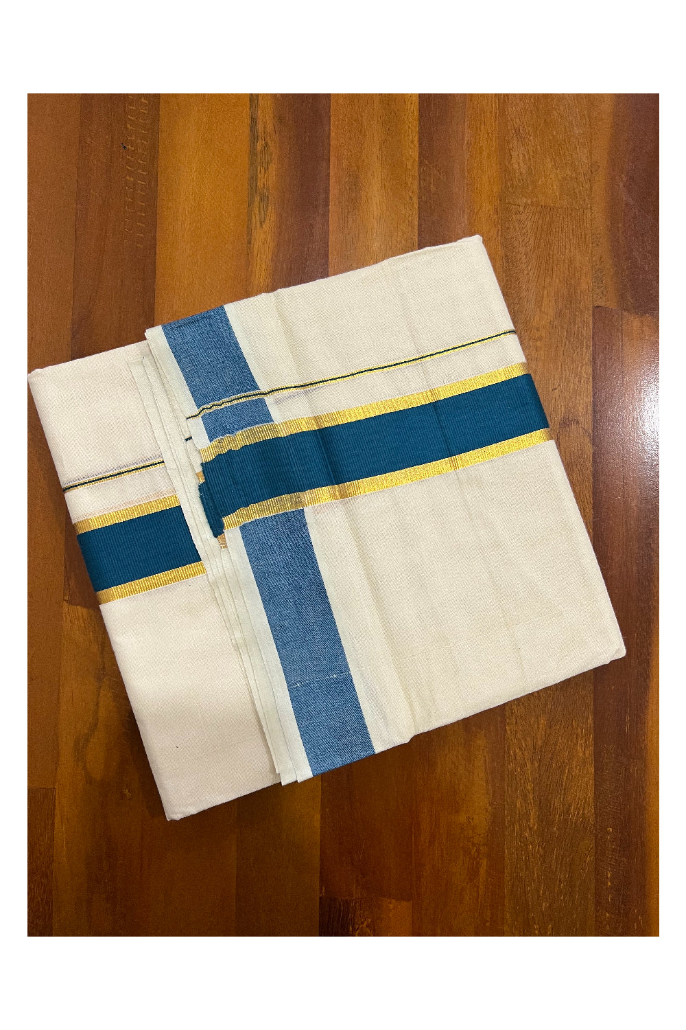 Off White Kerala Double Mundu with Kasavu and Teal Green Border (South Indian Dhoti)