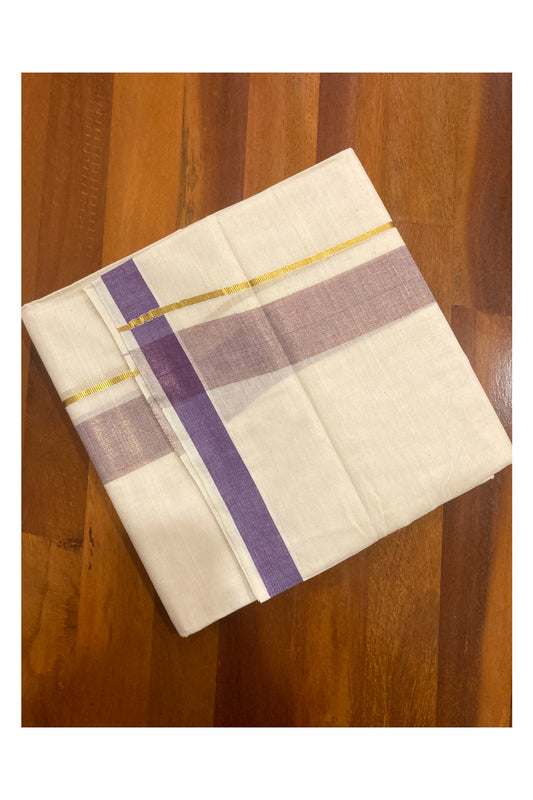 Off White Kerala Double Mundu with Violet and Kasavu Line Border (South Indian Dhoti)