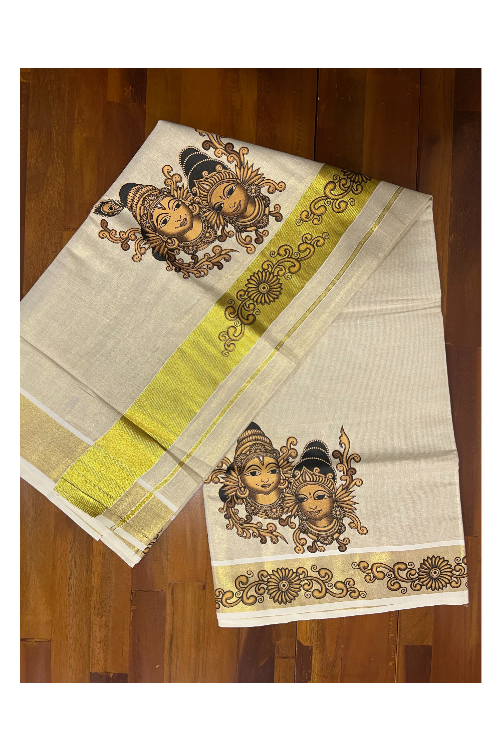 Kerala Tissue Kasavu Saree With Mural Krishna Radha Art Design and Printed Border