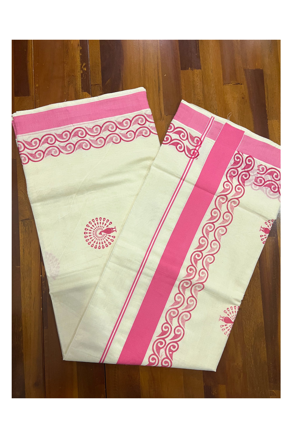 Pure Cotton Kerala Saree with Pink Peacock Block Printed Design