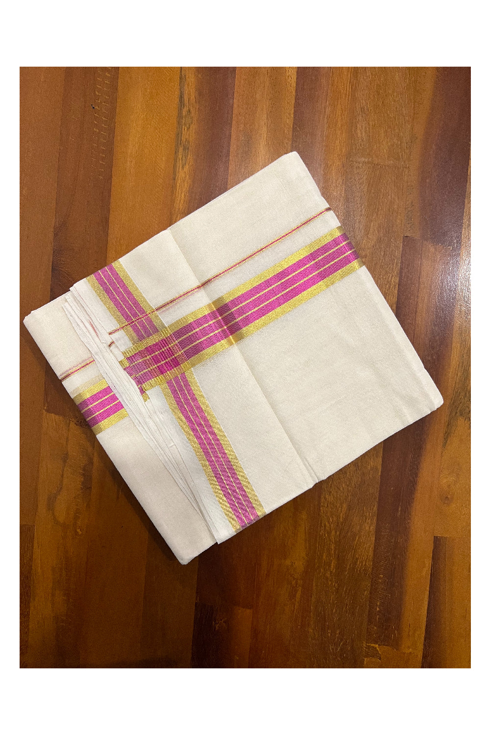 Southloom Balaramapuram Handloom Pure Cotton Mundu with Golden and Pink Kasavu Border (South Indian Dhoti)
