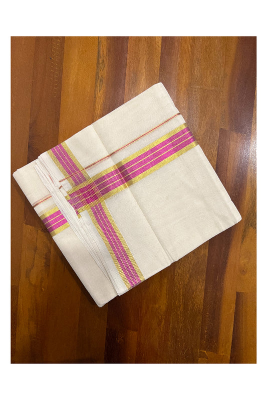 Southloom Balaramapuram Handloom Pure Cotton Mundu with Golden and Pink Kasavu Border (South Indian Dhoti)