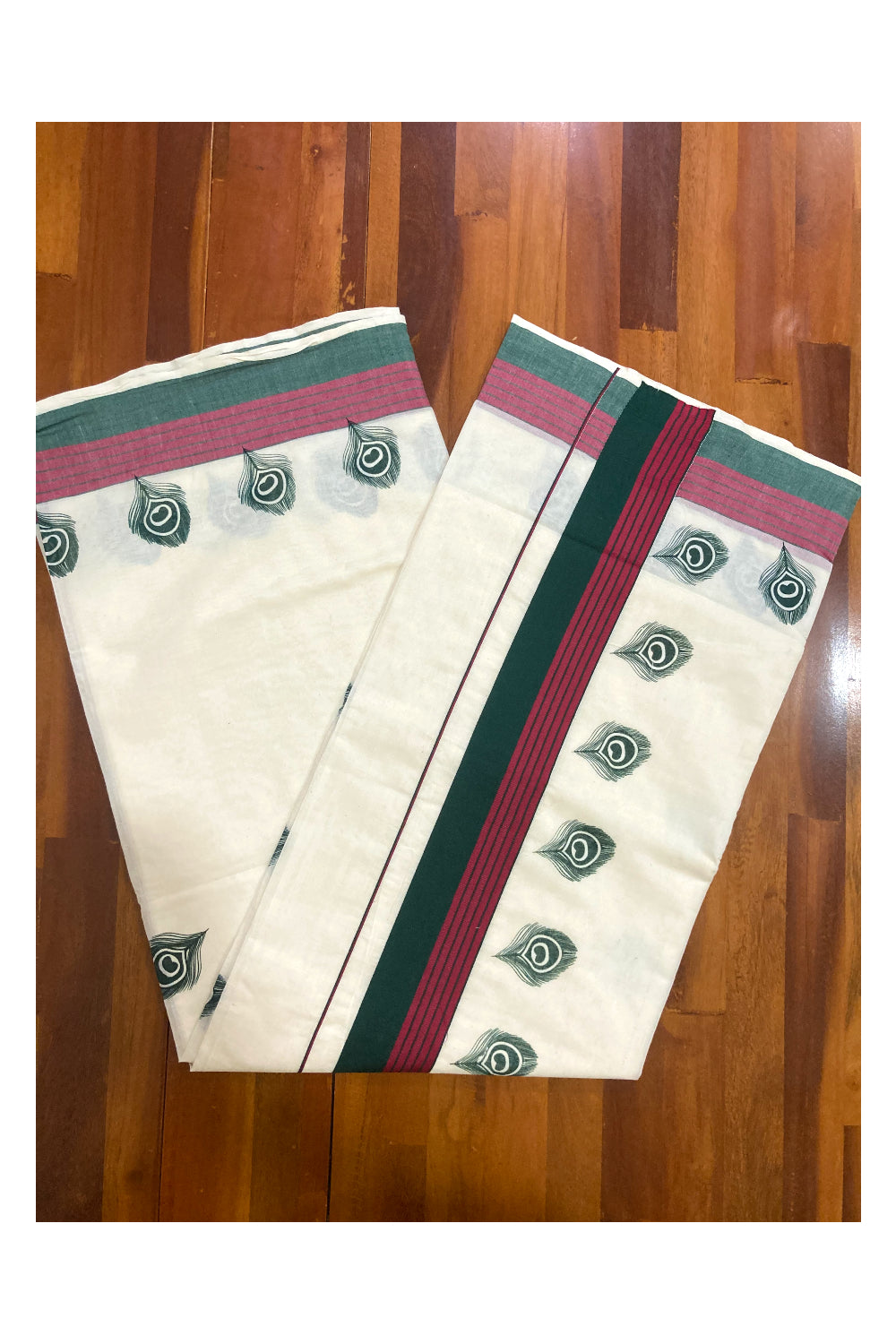 Pure Cotton Kerala Saree with Green Feather Block Prints and Green Maroon Border