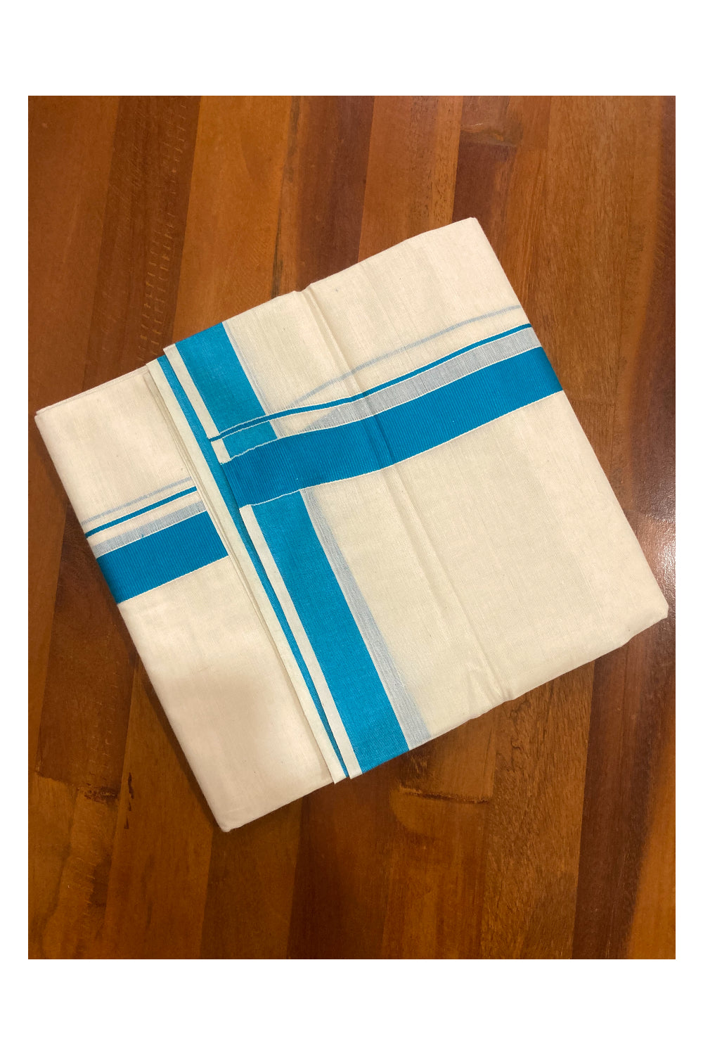 Off White Pure Cotton Double Mundu with Blue Border (South Indian Dhoti)