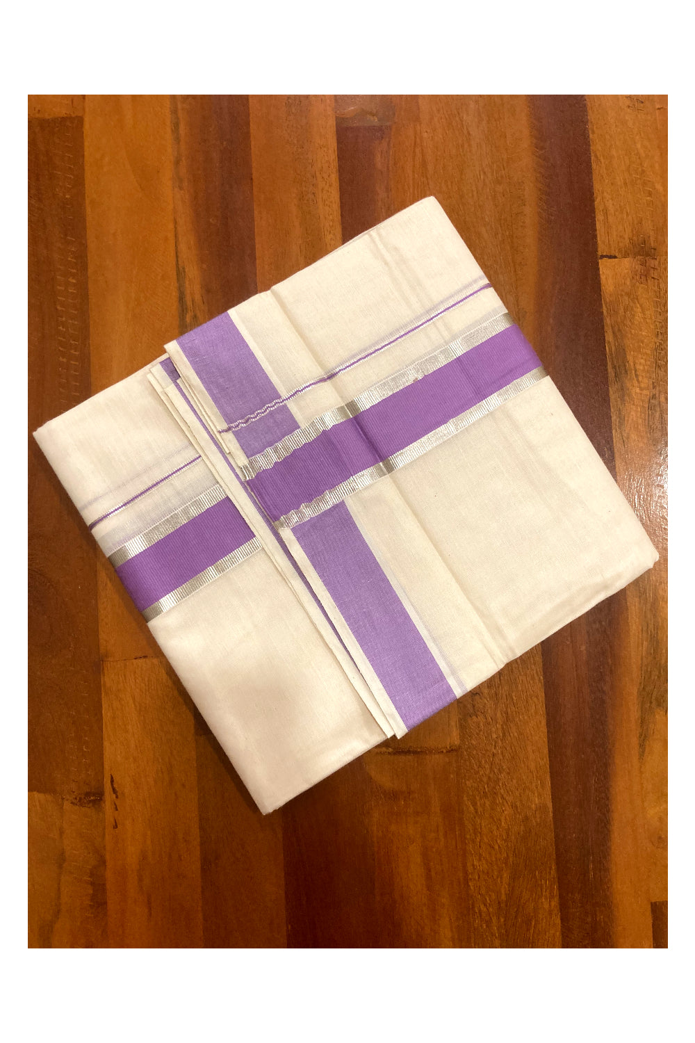 Off White Pure Cotton Double Mundu with Silver Kasavu and Violet Border (South Indian Dhoti)