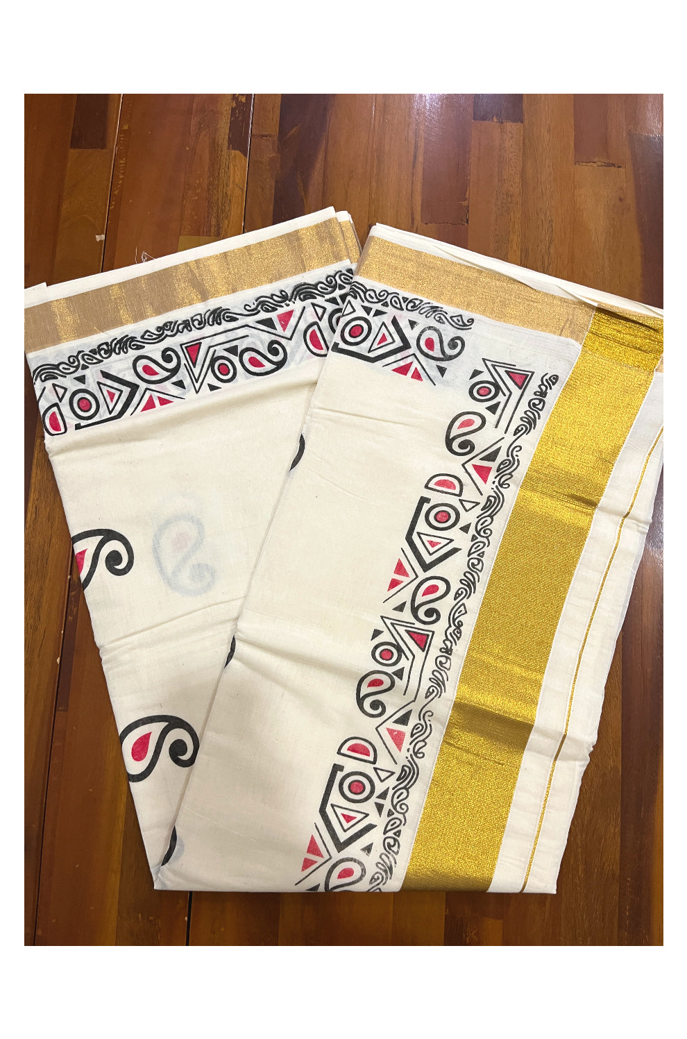 Pure Cotton Off White Kerala Kasavu Saree with Black and Red Block Prints on Border