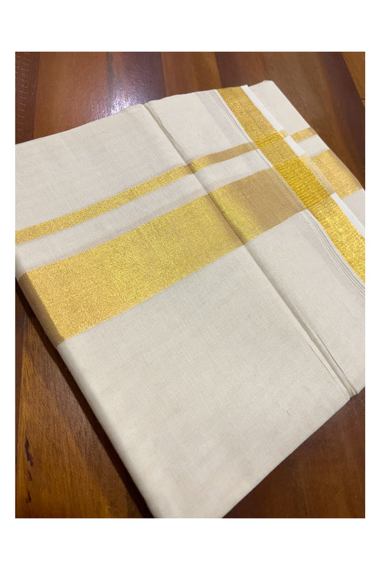 Pure Cotton Off White 100 by 100 Double Mundu with Half Fine 2 inch Kasavu Border (South Indian Dhoti)