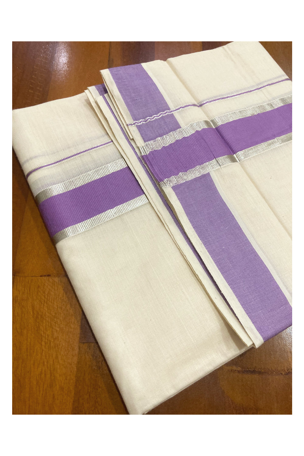 Off White Pure Cotton Double Mundu with Silver Kasavu and Violet Border (South Indian Dhoti)