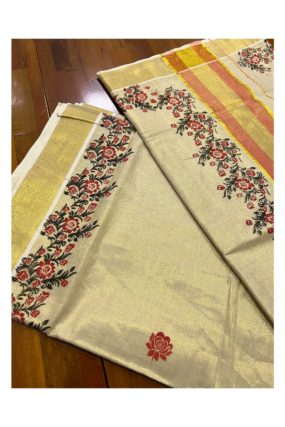 Kerala Tissue Kasavu Saree with Red and Black Mural Printed Floral Designs