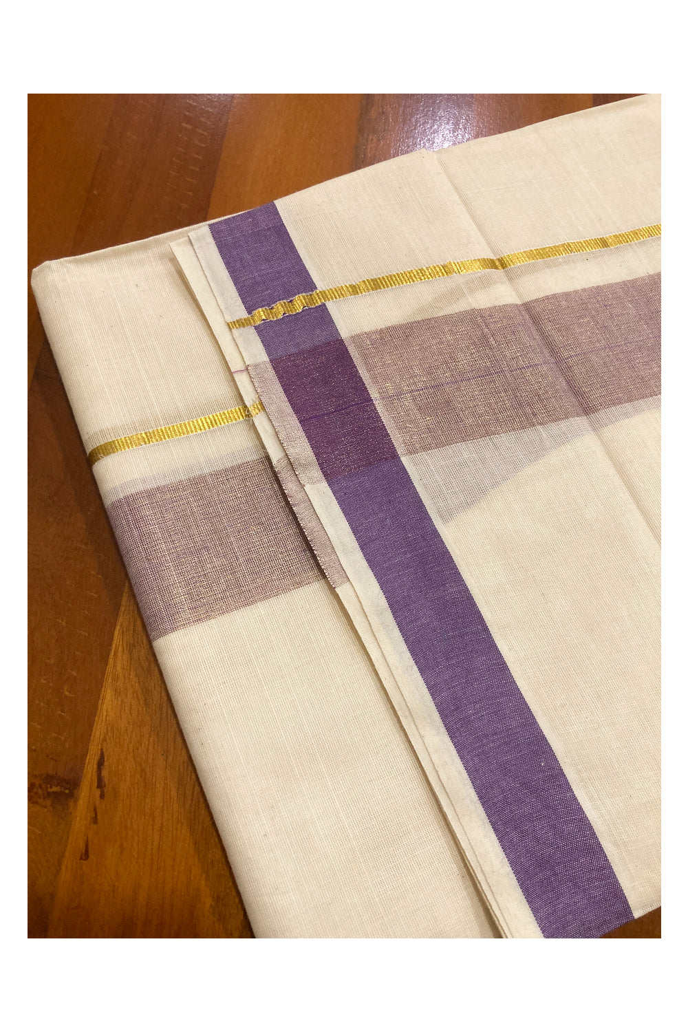 Off White Kerala Double Mundu with Violet and Kasavu Line Border (South Indian Dhoti)