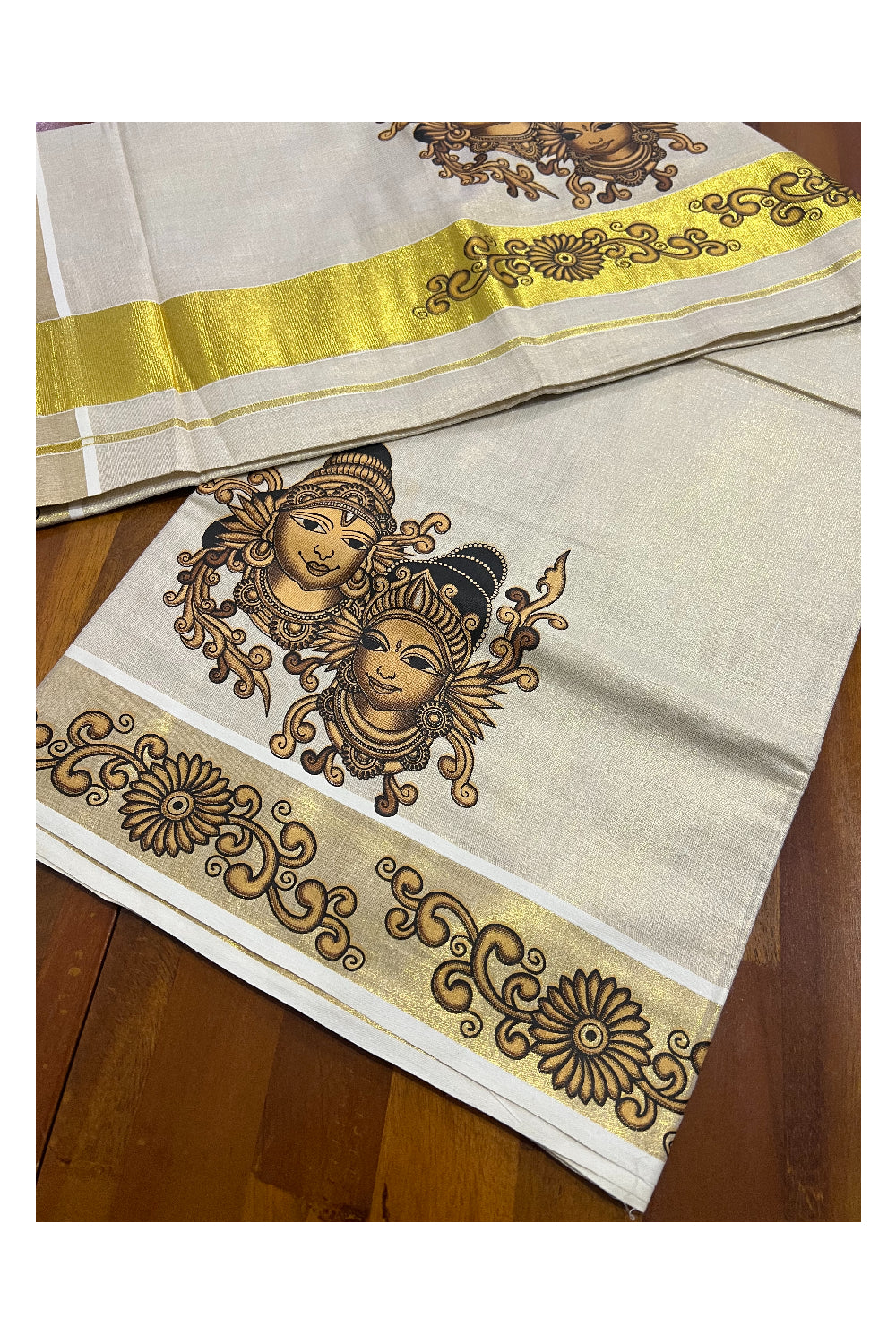 Kerala Tissue Kasavu Saree With Mural Krishna Radha Art Design and Printed Border