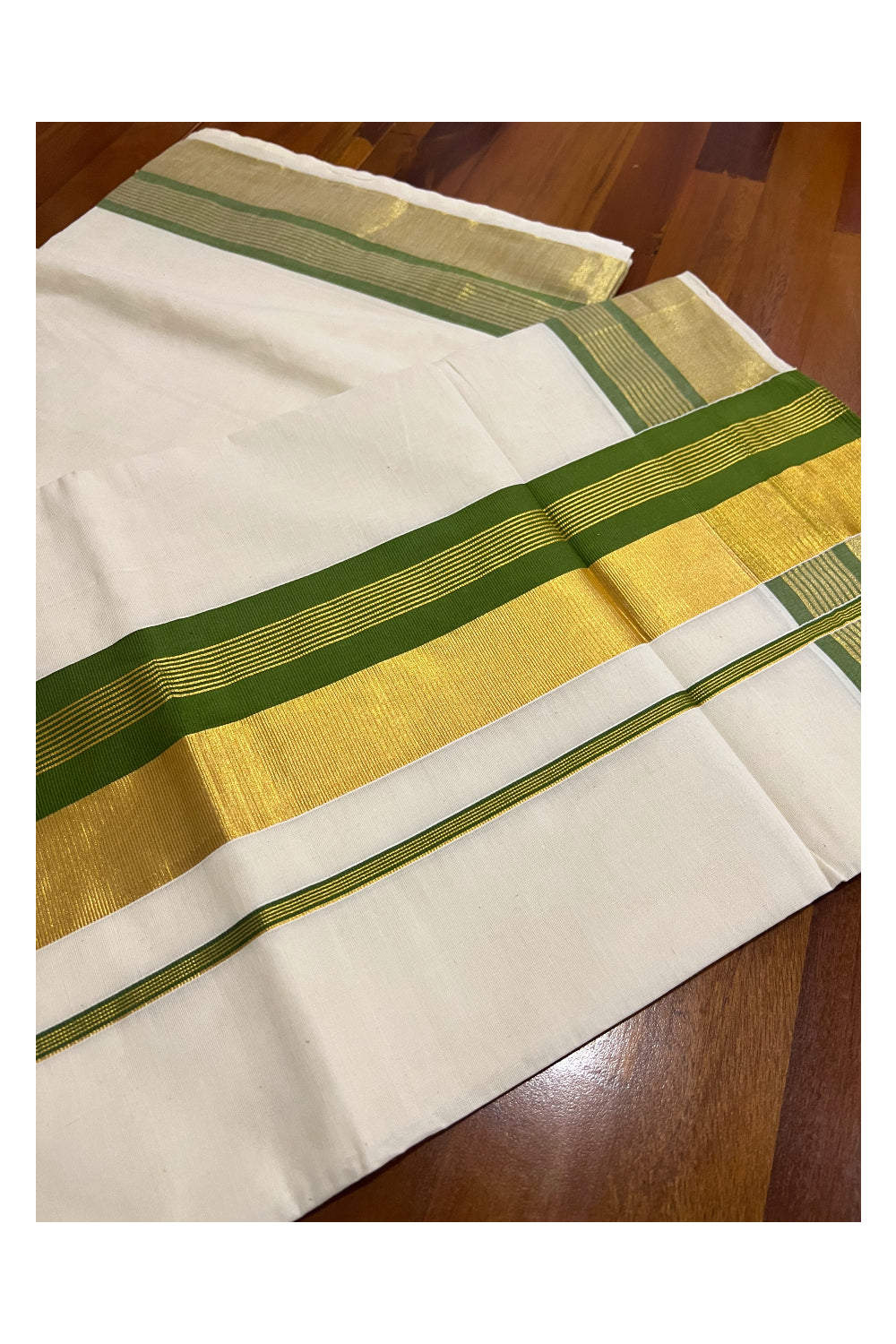 Pure Cotton Kerala Saree with Kasavu and Green Border