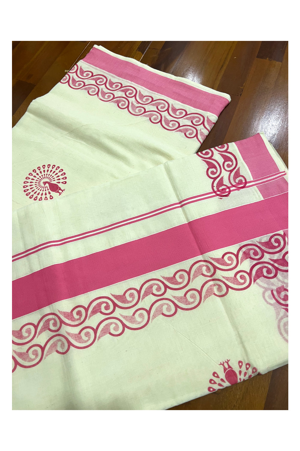 Pure Cotton Kerala Saree with Pink Peacock Block Printed Design