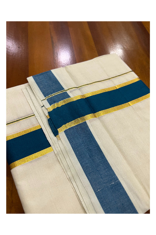 Off White Kerala Double Mundu with Kasavu and Teal Green Border (South Indian Dhoti)