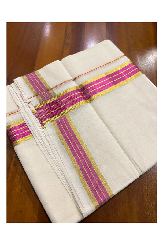 Southloom Balaramapuram Handloom Pure Cotton Mundu with Golden and Pink Kasavu Border (South Indian Dhoti)