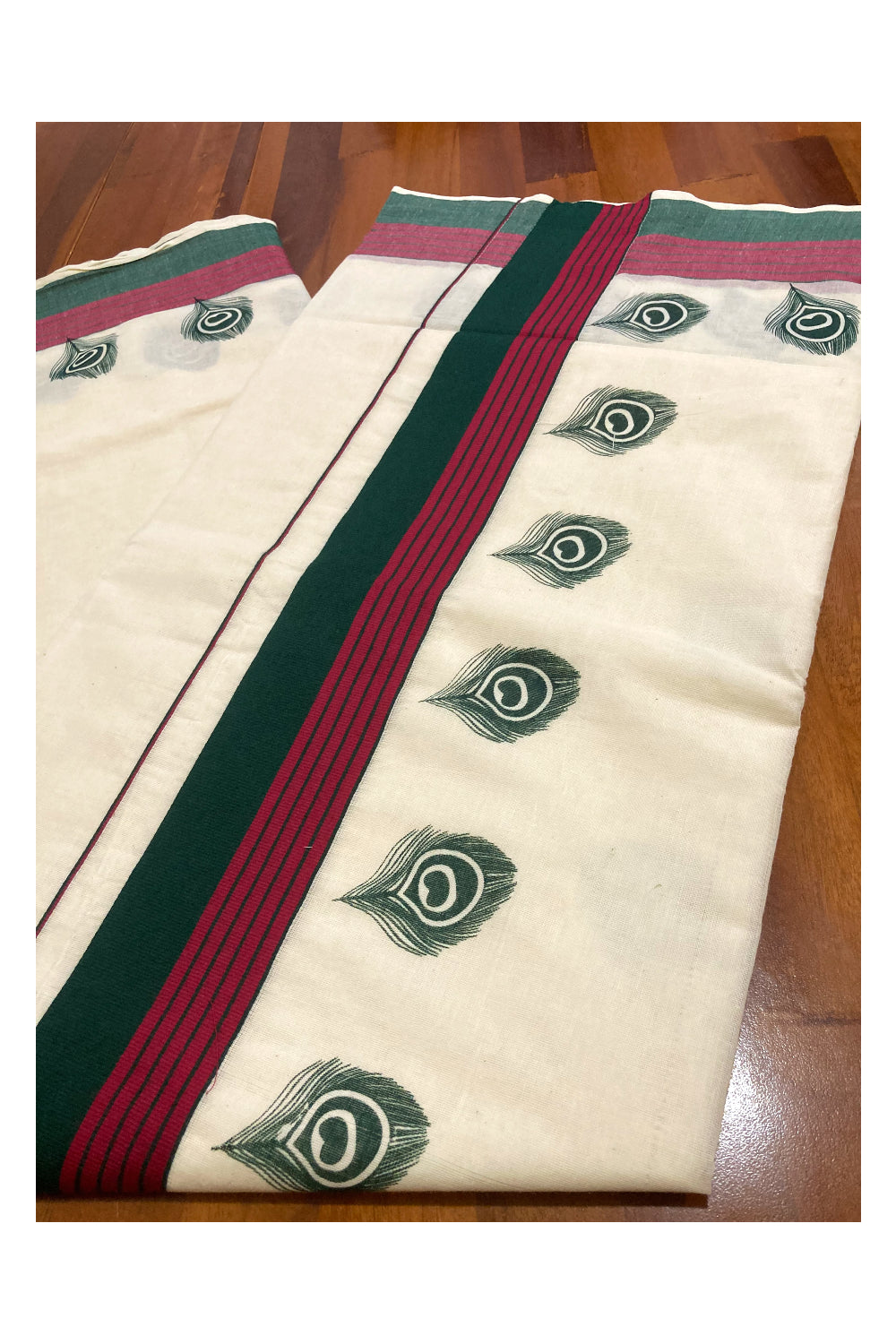 Pure Cotton Kerala Saree with Green Feather Block Prints and Green Maroon Border