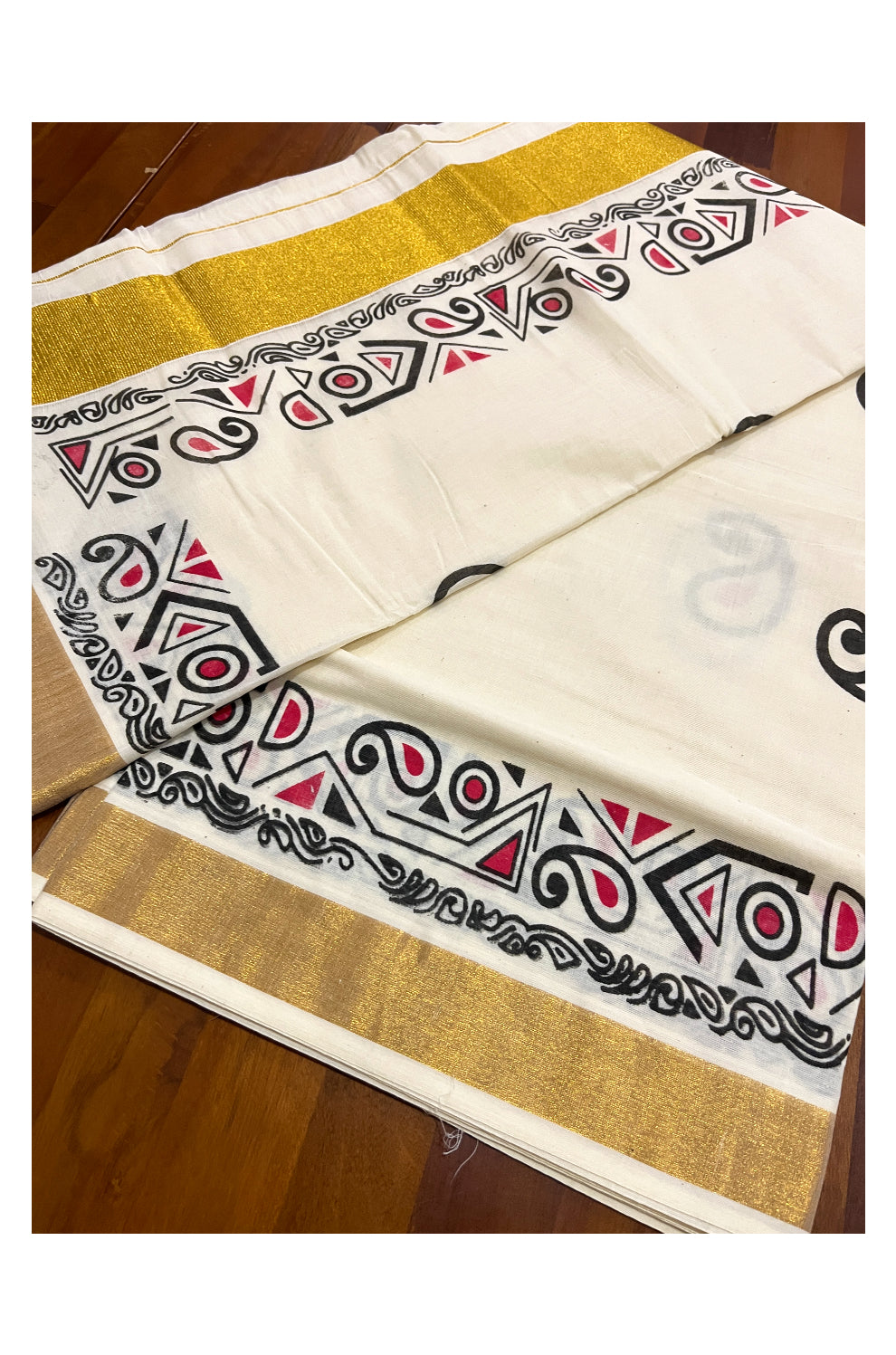 Pure Cotton Off White Kerala Kasavu Saree with Black and Red Block Prints on Border