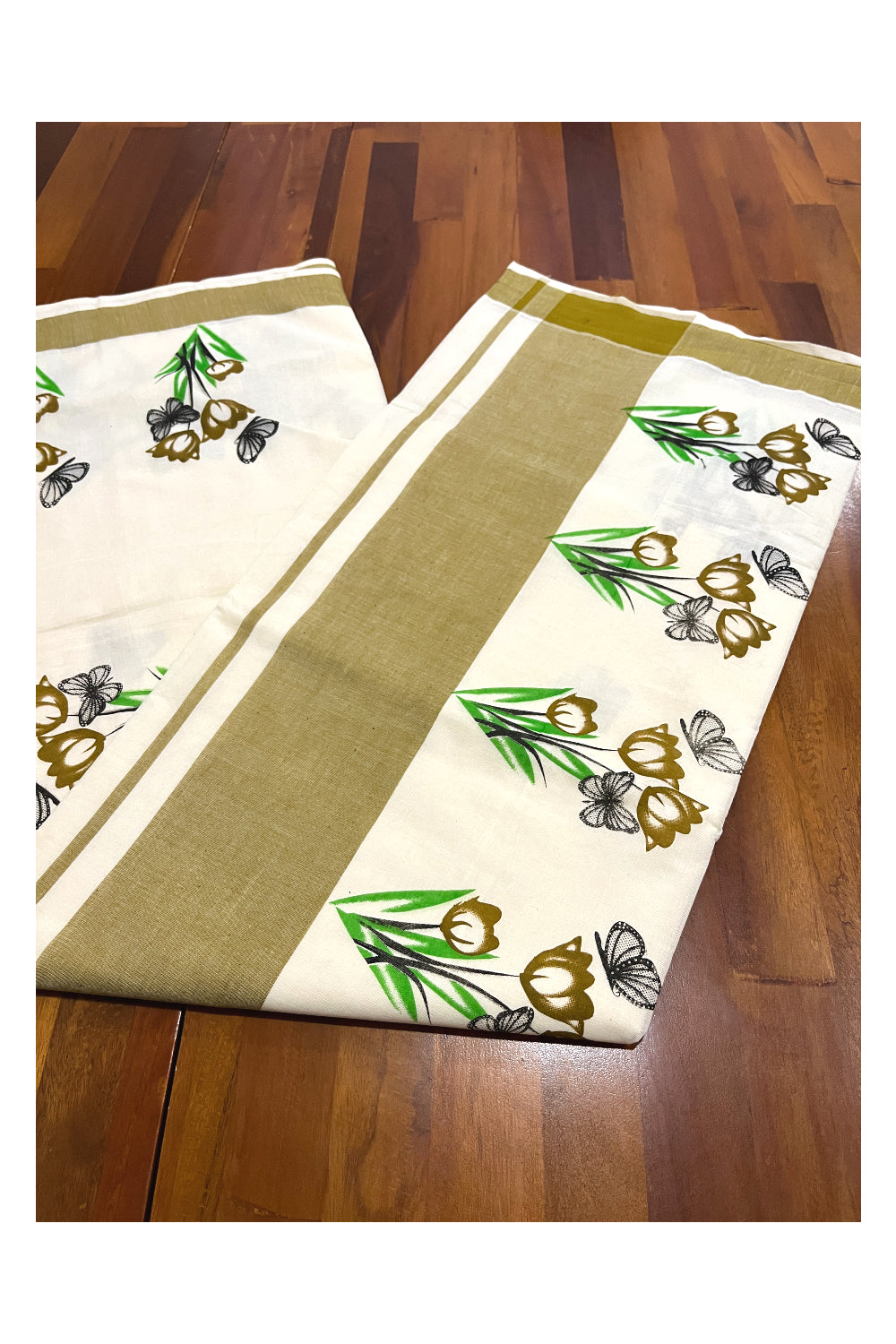 Pure Cotton Kerala Saree with Floral Block Prints and Brown Border