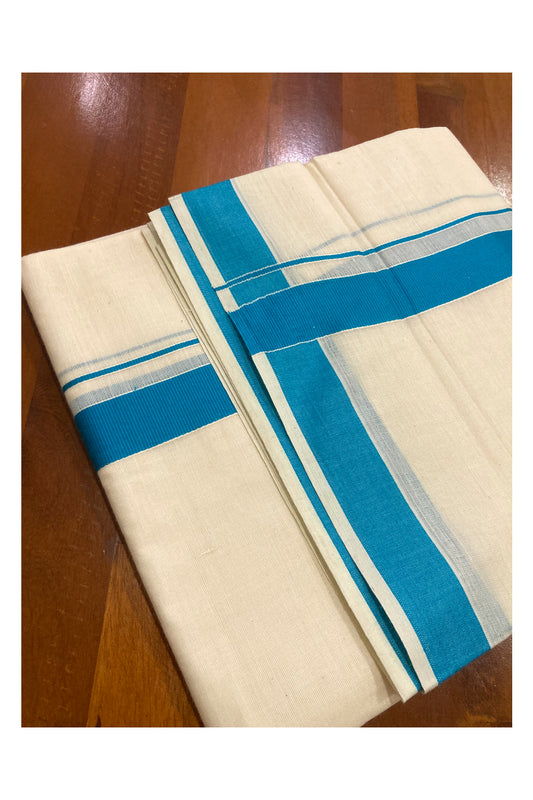 Off White Pure Cotton Double Mundu with Blue Border (South Indian Dhoti)