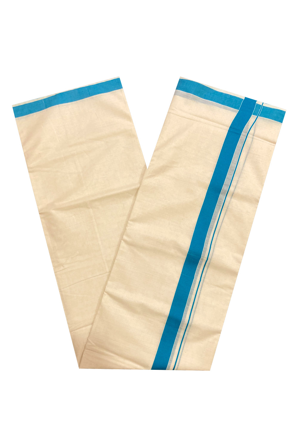 Off White Pure Cotton Double Mundu with Blue Border (South Indian Dhoti)