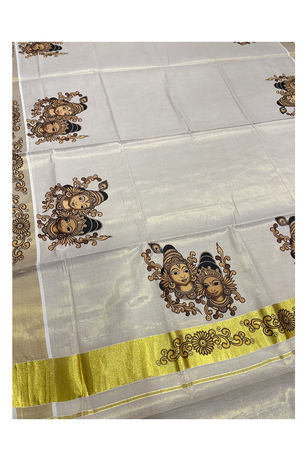 Kerala Tissue Kasavu Saree With Mural Krishna Radha Art Design and Printed Border