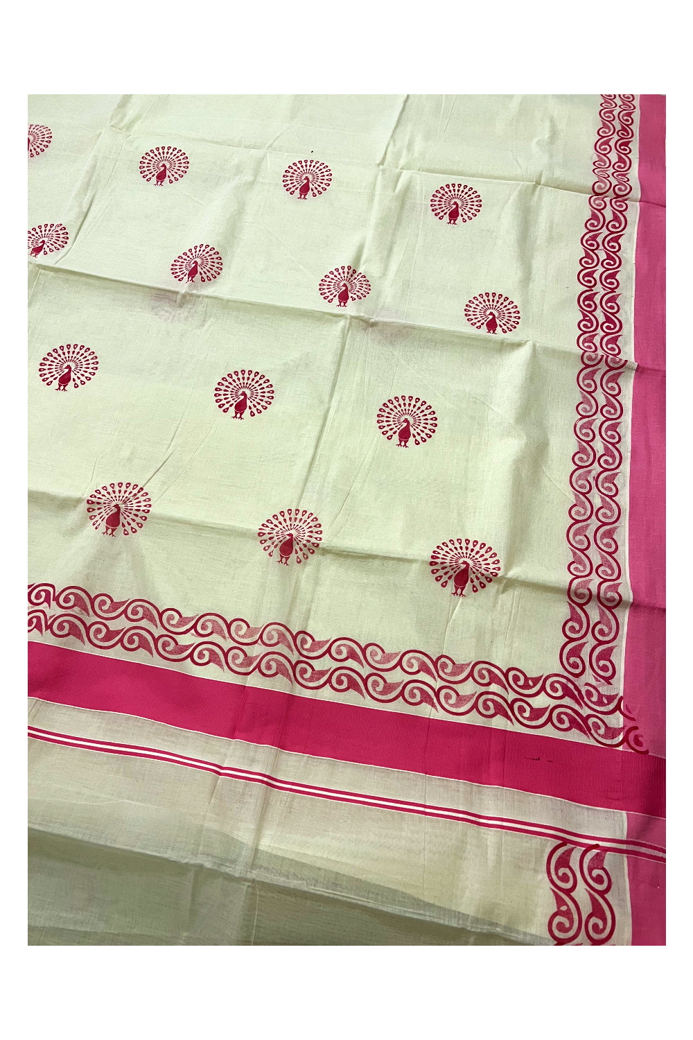 Pure Cotton Kerala Saree with Pink Peacock Block Printed Design