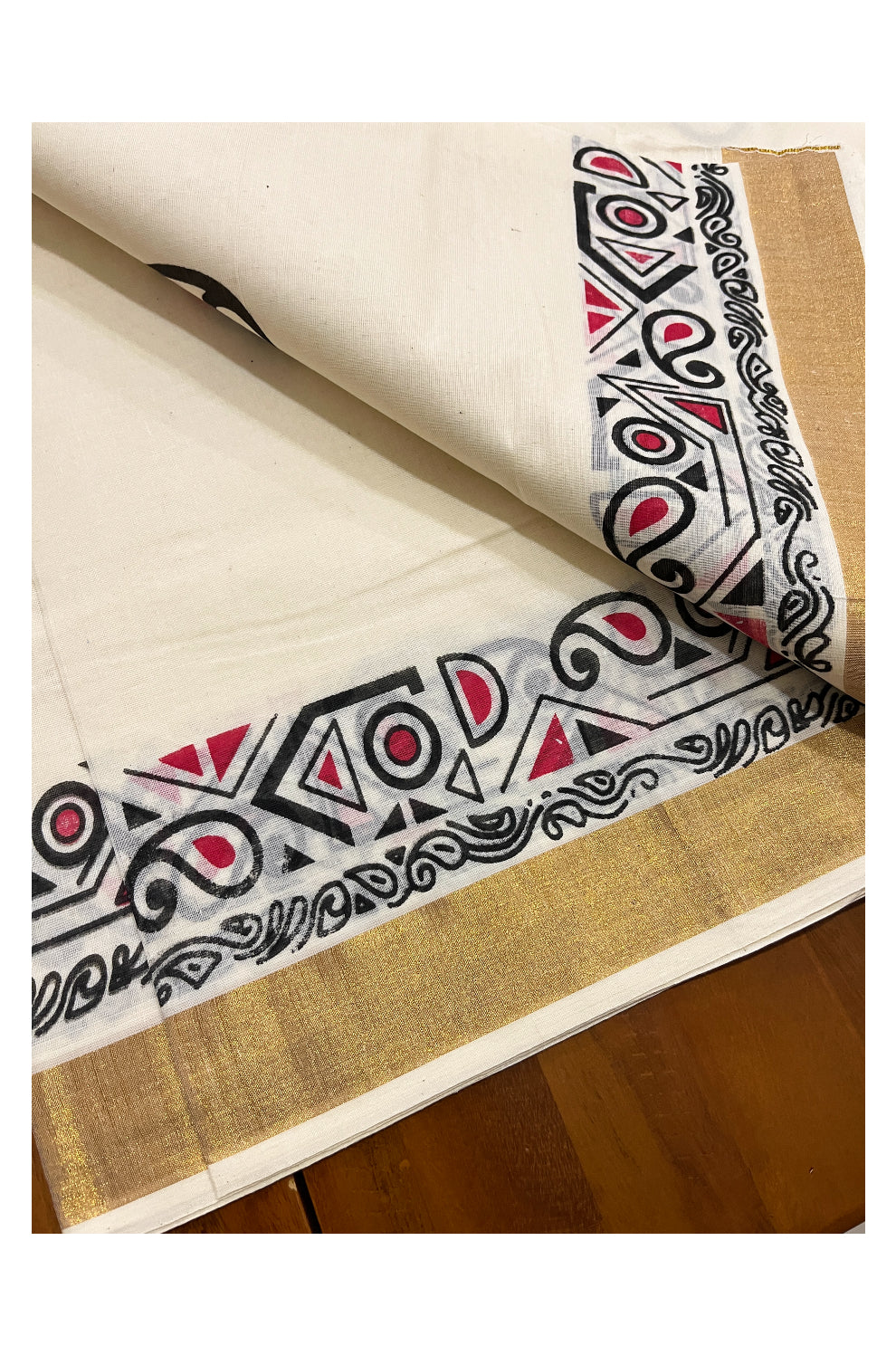 Pure Cotton Off White Kerala Kasavu Saree with Black and Red Block Prints on Border