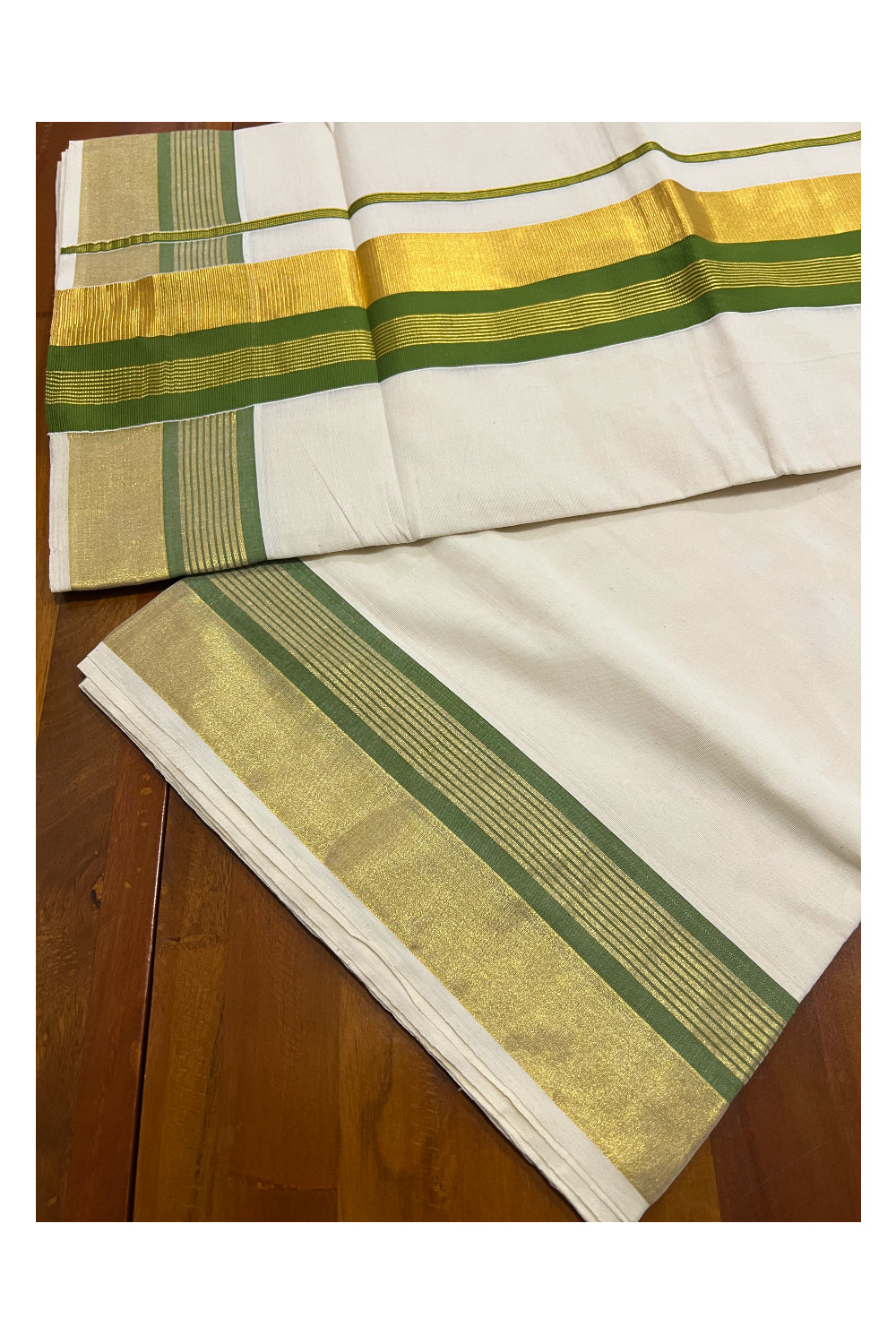 Pure Cotton Kerala Saree with Kasavu and Green Border