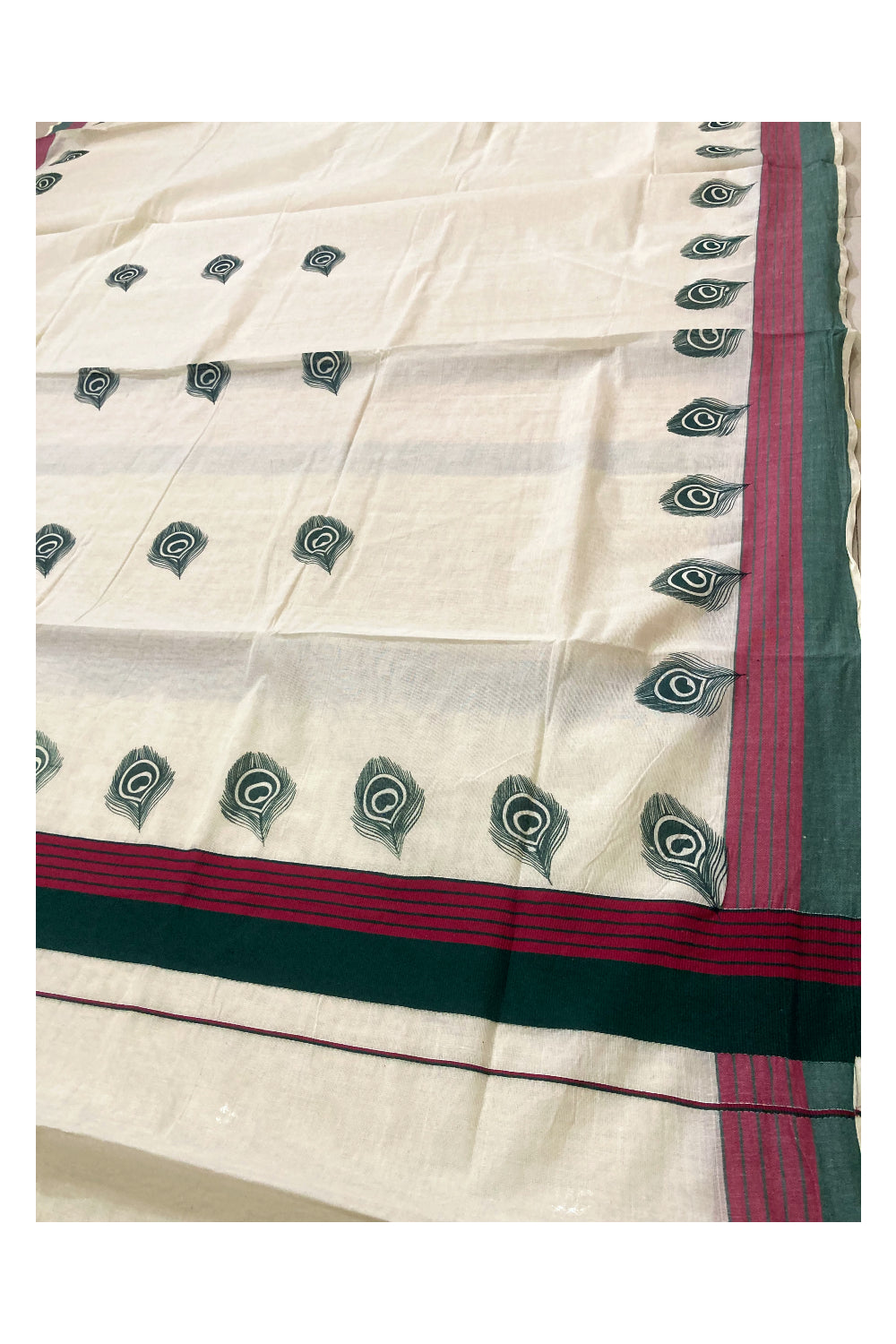 Pure Cotton Kerala Saree with Green Feather Block Prints and Green Maroon Border