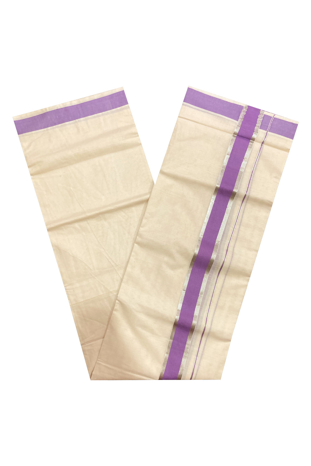 Off White Pure Cotton Double Mundu with Silver Kasavu and Violet Border (South Indian Dhoti)