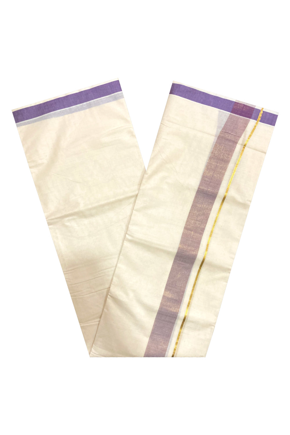 Off White Kerala Double Mundu with Violet and Kasavu Line Border (South Indian Dhoti)