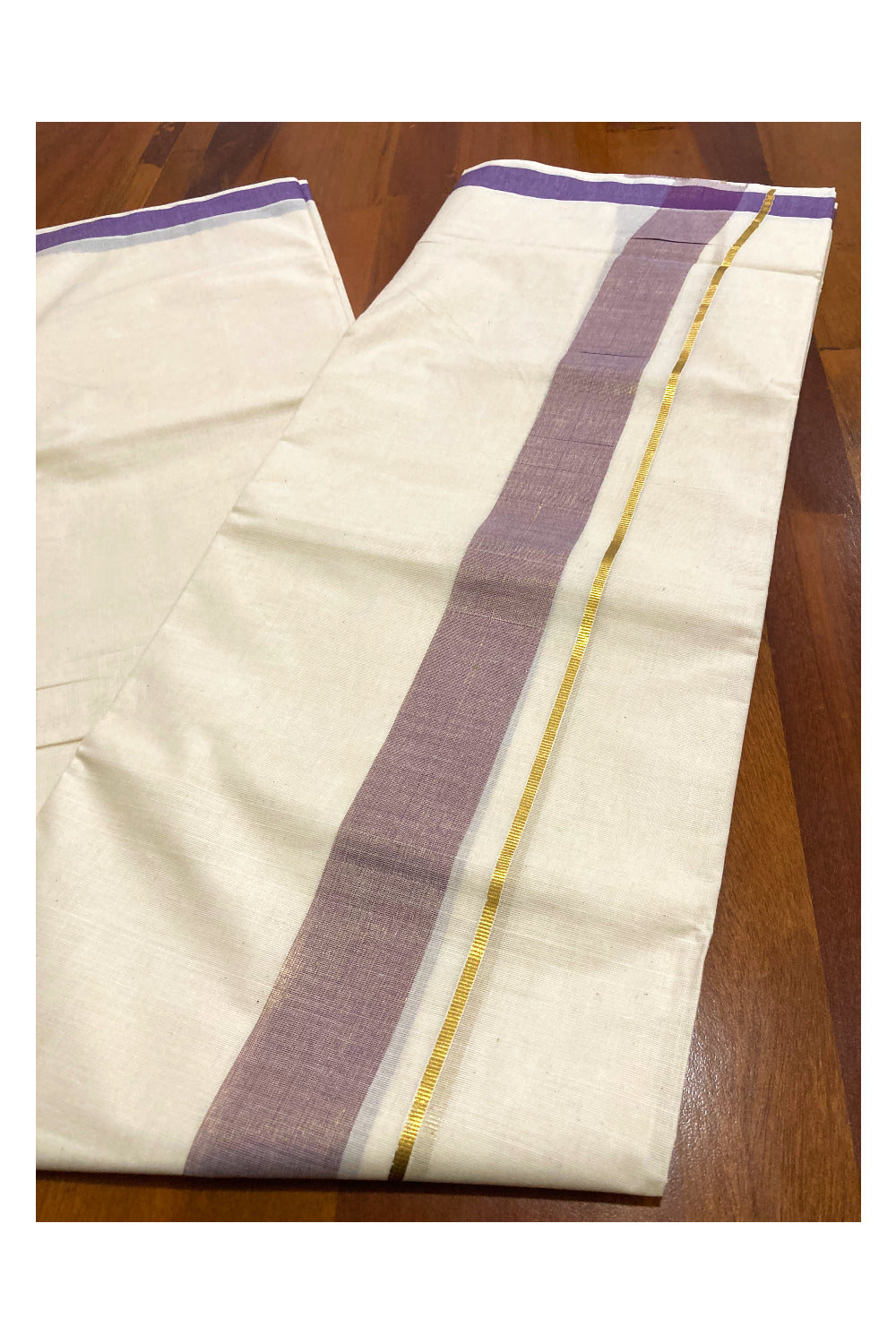 Off White Kerala Double Mundu with Violet and Kasavu Line Border (South Indian Dhoti)