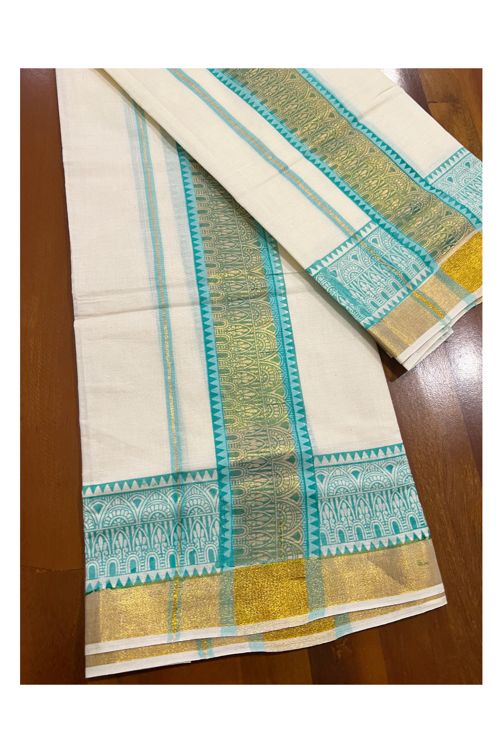 Kerala Cotton Kasavu Set Mundu (Mundum Neriyathum) with Turquoise Floral Block Prints on Border