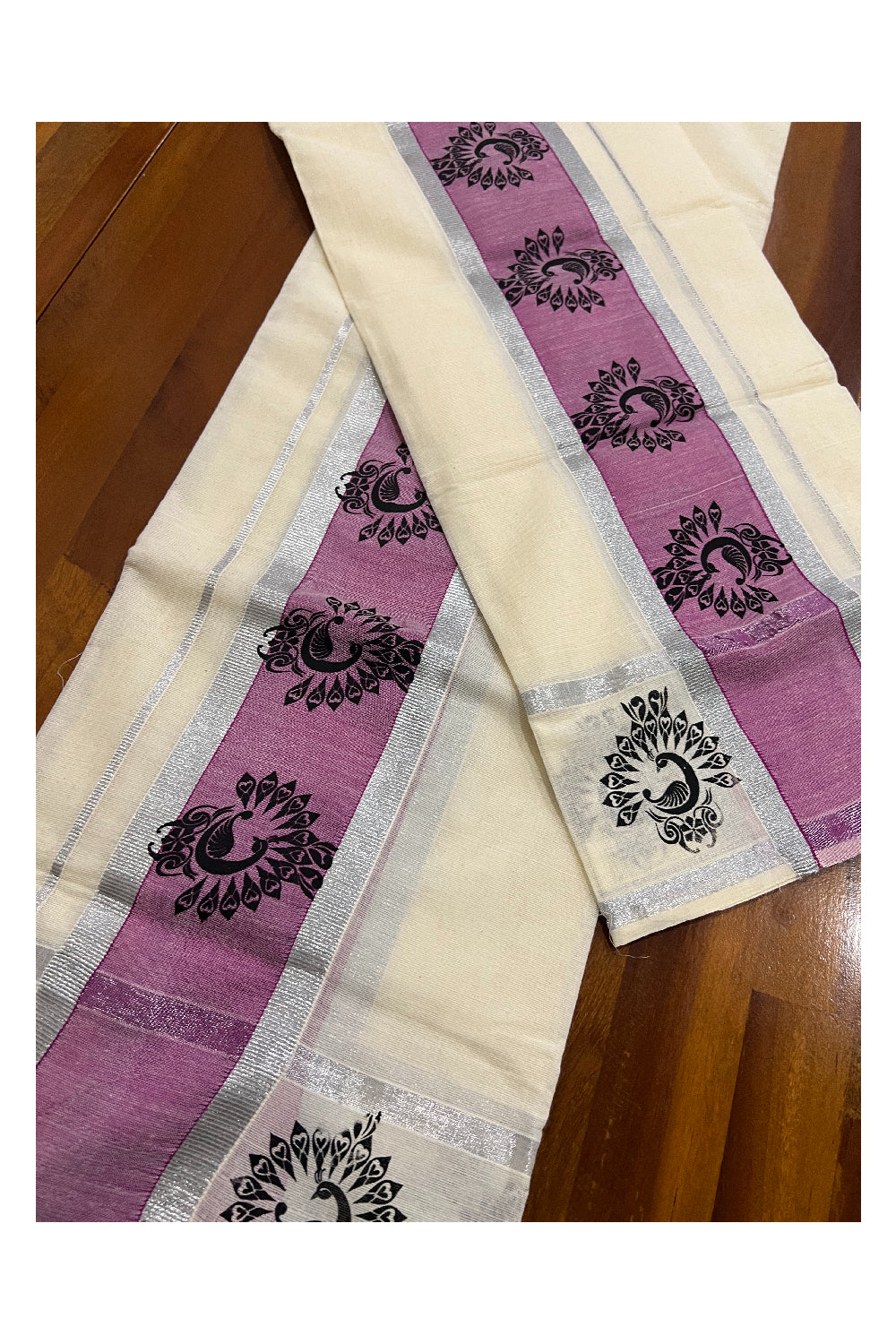 Kerala Cotton Set Mundu (Mundum Neriyathum) with Silver Kasavu and Black Block Prints on Magenta Border