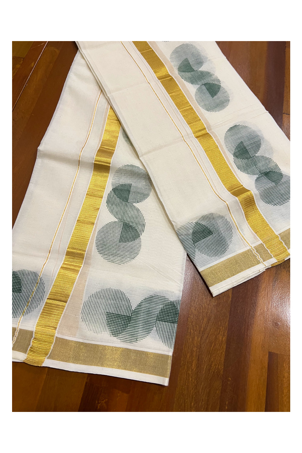 Kerala Cotton Kasavu Set Mundu (Mundum Neriyathum) with Green Block Prints