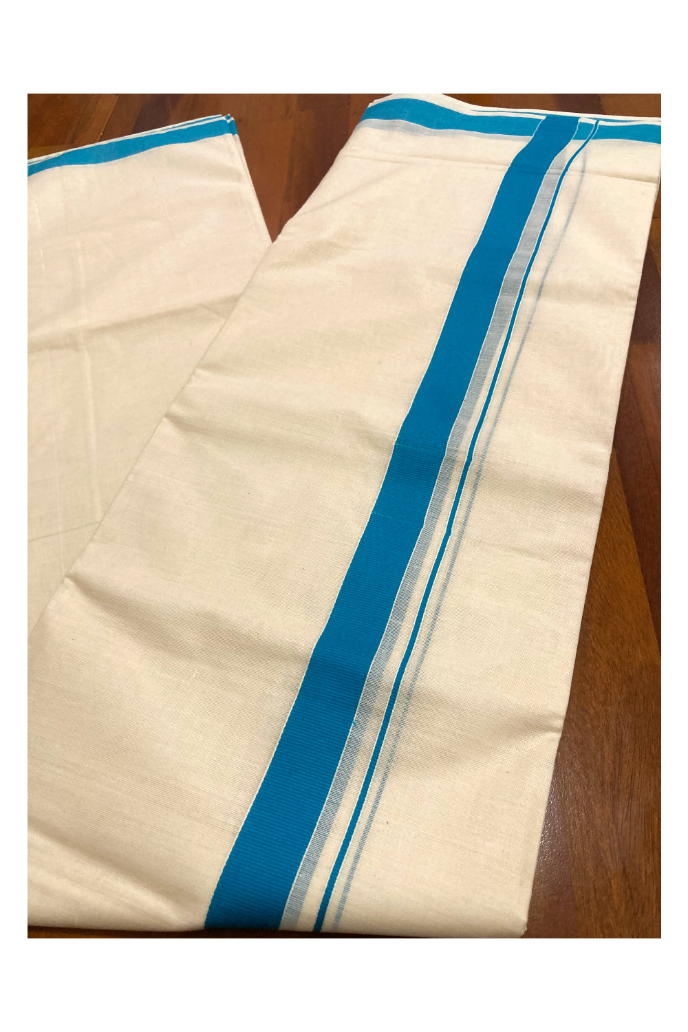 Off White Pure Cotton Double Mundu with Blue Border (South Indian Dhoti)