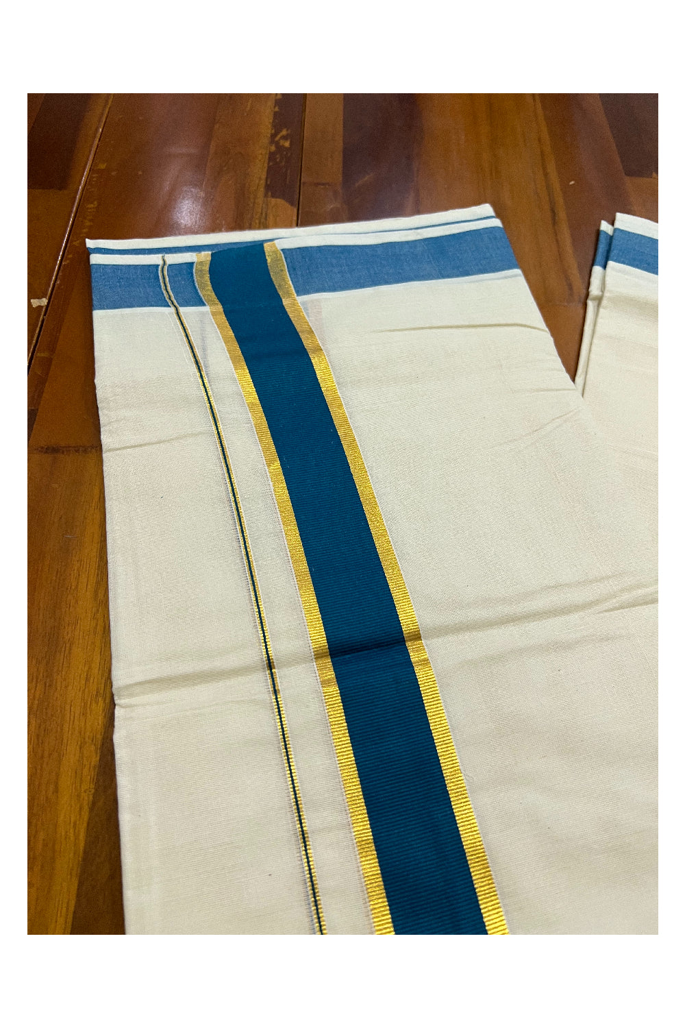 Off White Kerala Double Mundu with Kasavu and Teal Green Border (South Indian Dhoti)