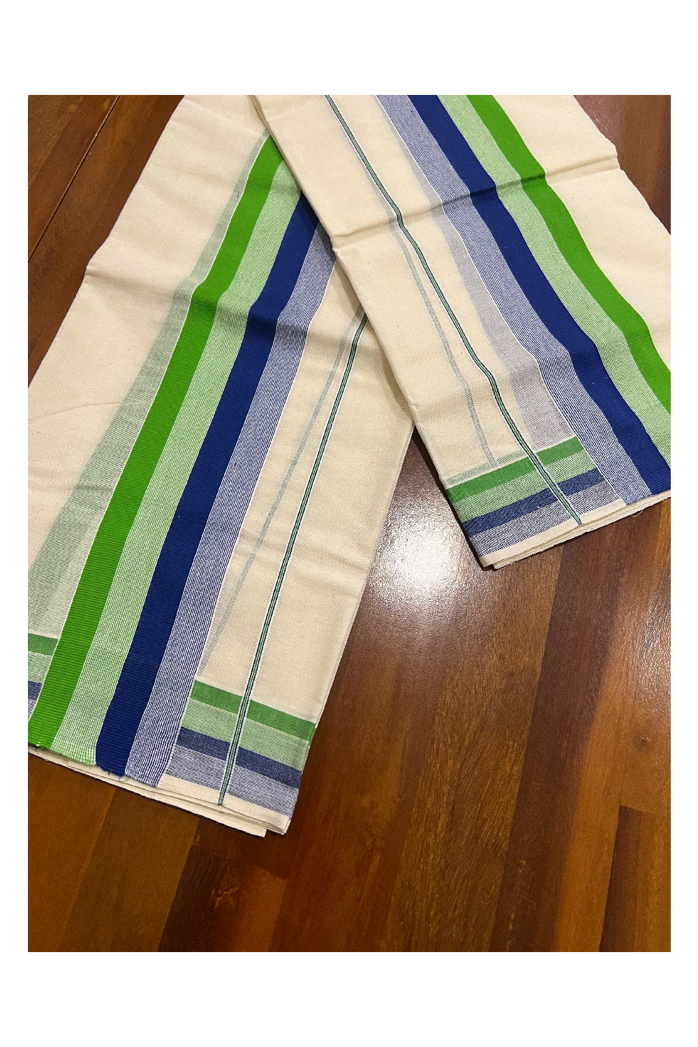 Kerala Cotton Mundum Neriyathum Single (Set Mundu) with Blue and Light Green Lines Border