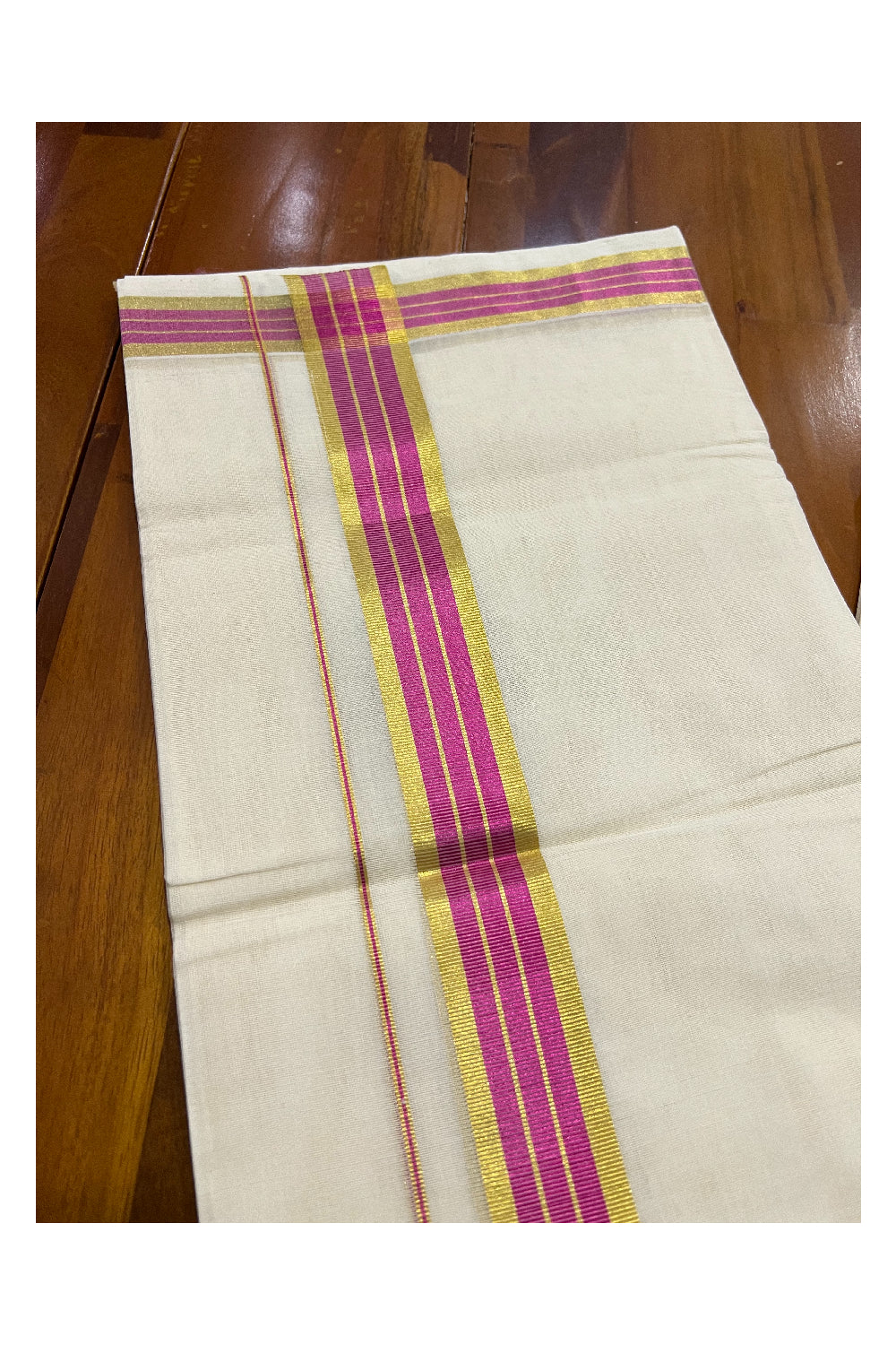 Southloom Balaramapuram Handloom Pure Cotton Mundu with Golden and Pink Kasavu Border (South Indian Dhoti)
