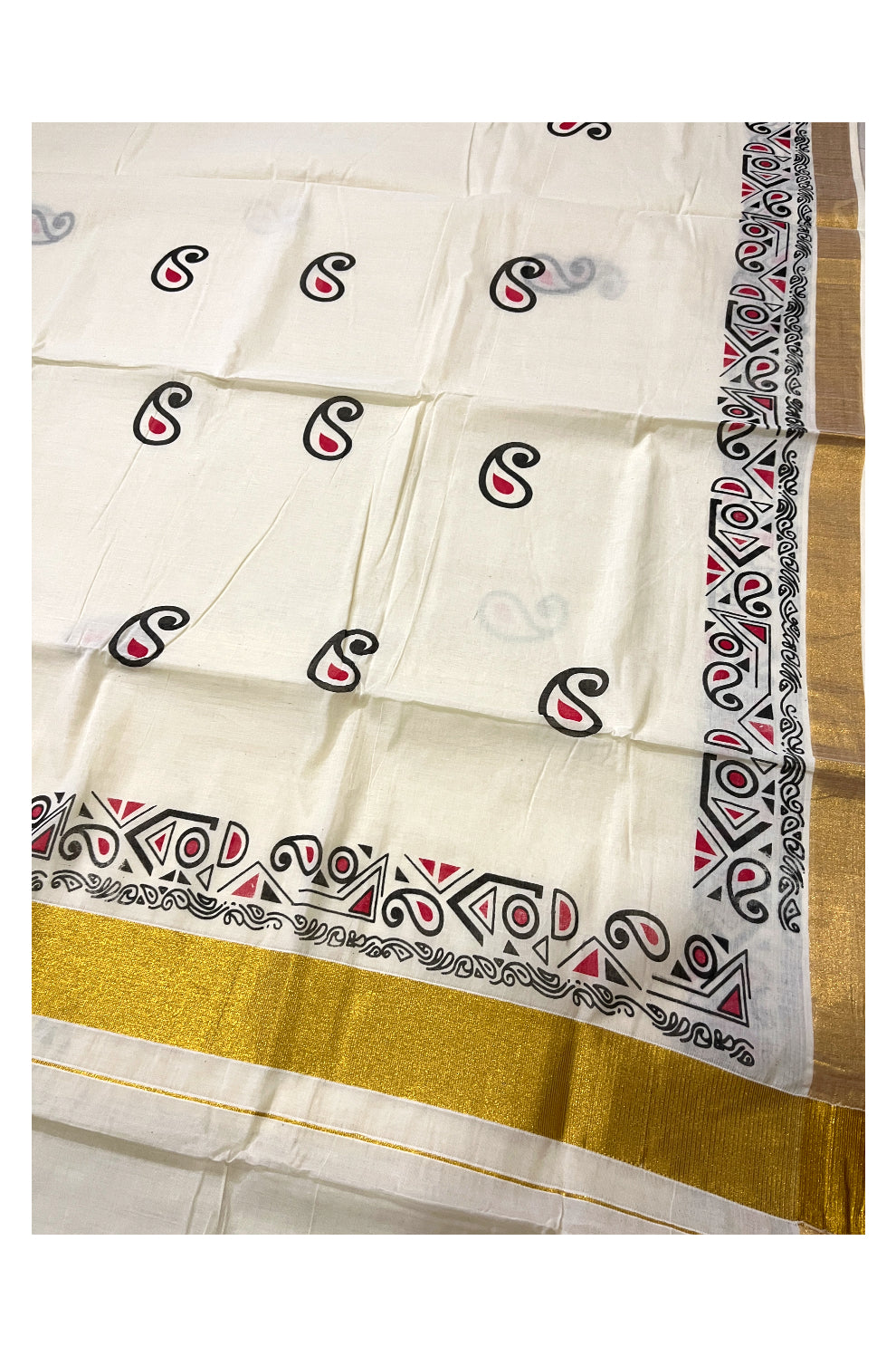 Pure Cotton Off White Kerala Kasavu Saree with Black and Red Block Prints on Border