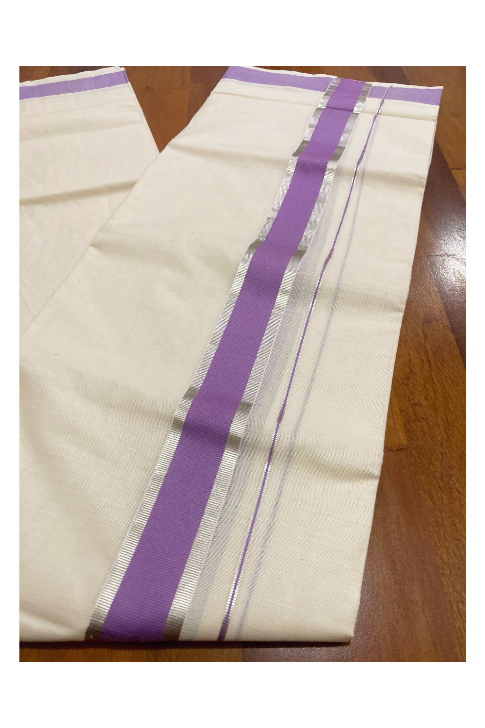 Off White Pure Cotton Double Mundu with Silver Kasavu and Violet Border (South Indian Dhoti)