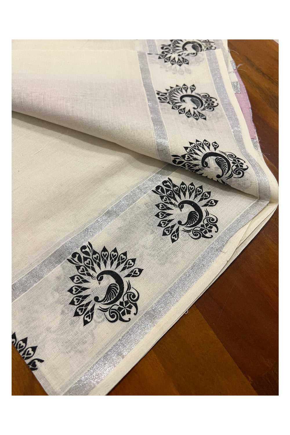 Kerala Cotton Set Mundu (Mundum Neriyathum) with Silver Kasavu and Black Block Prints on Magenta Border