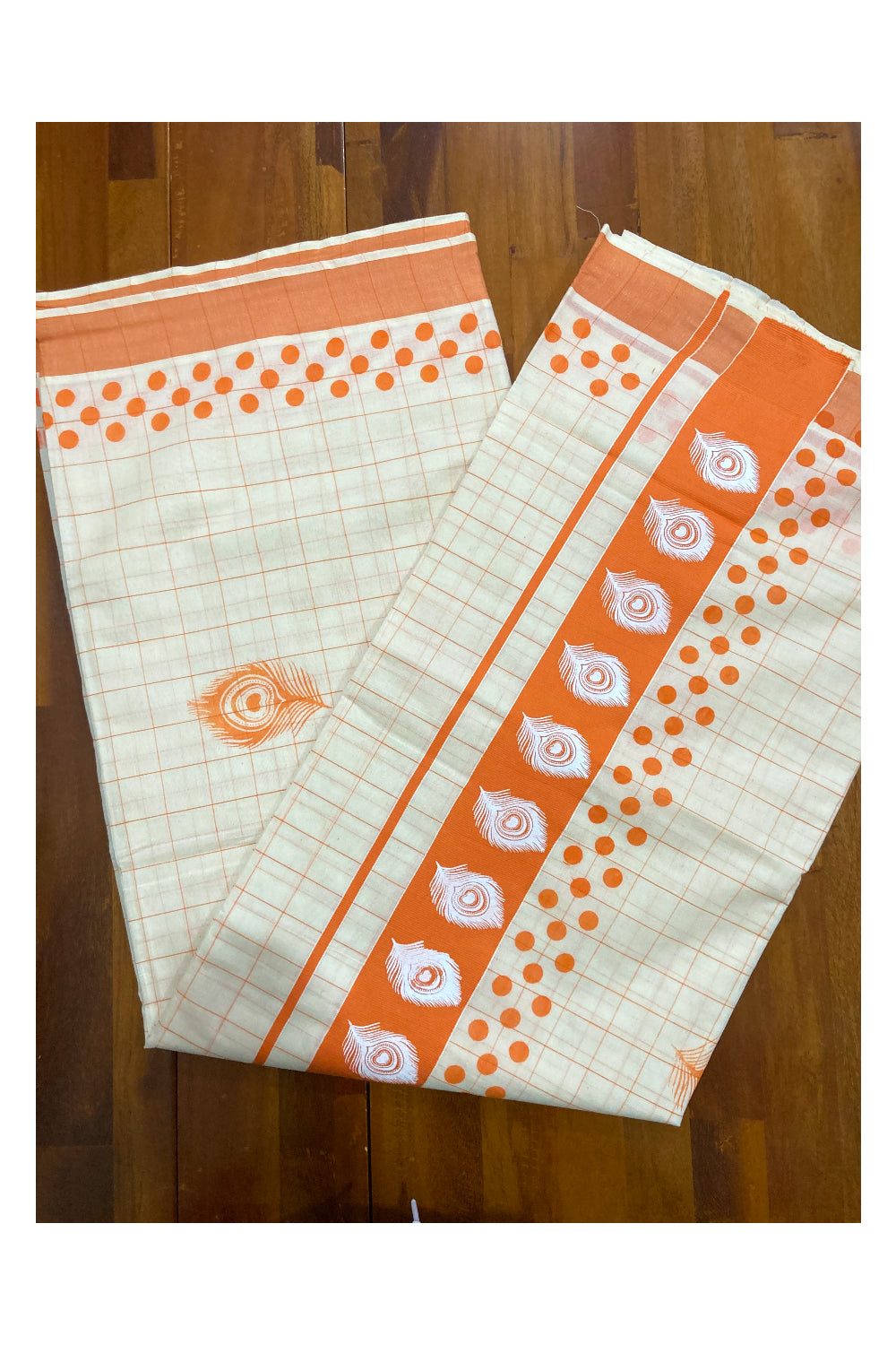 Pure Cotton Check Design Kerala Saree with Orange Polka Dots and Feather Block Prints