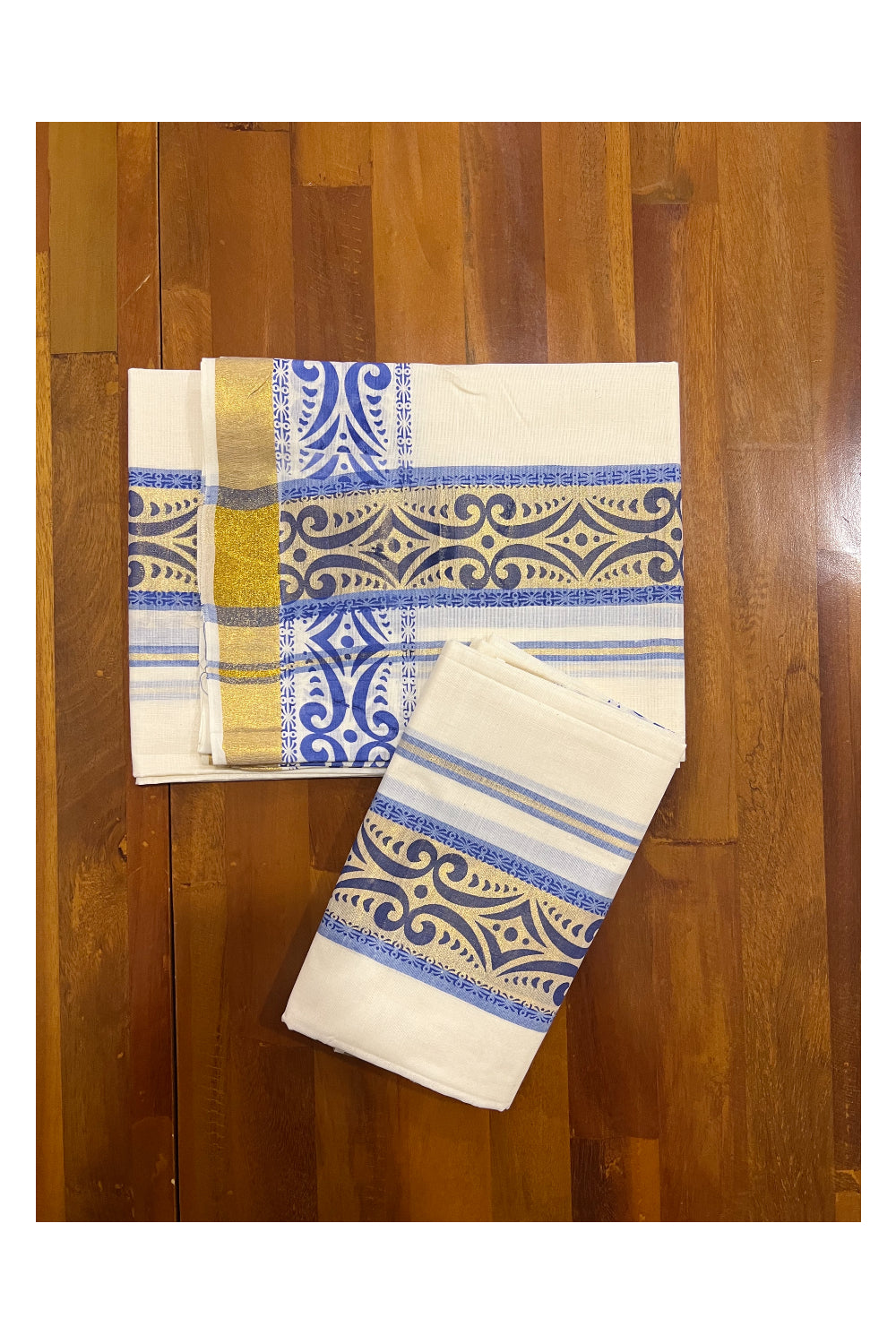 Kerala Cotton Kasavu Set Mundu (Mundum Neriyathum) with Blue Block Prints on Border